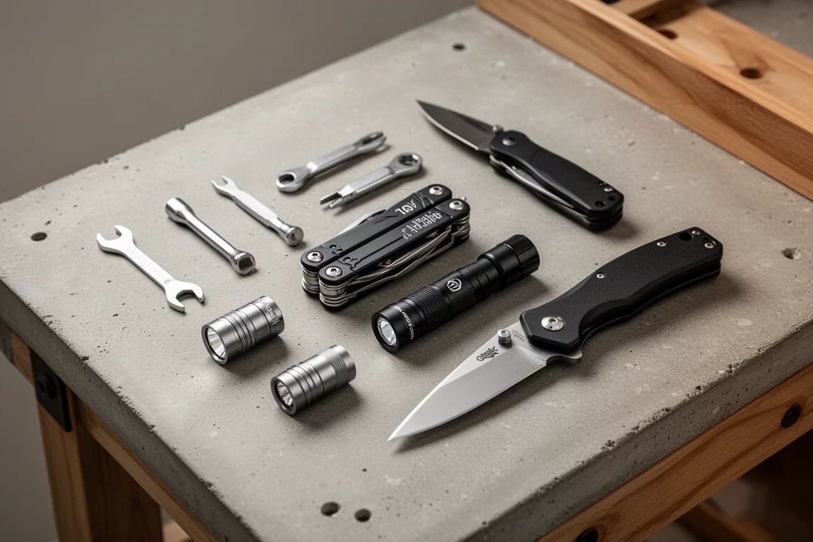 Flat-Lay von Handwerkzeugen, Multitool, Taschenlampen und Klappmessern auf einer Werkbank