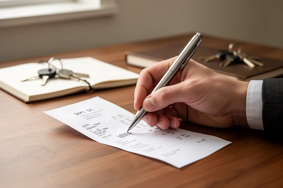 Une main signant un reçu avec un stylo métallique sur un bureau en bois