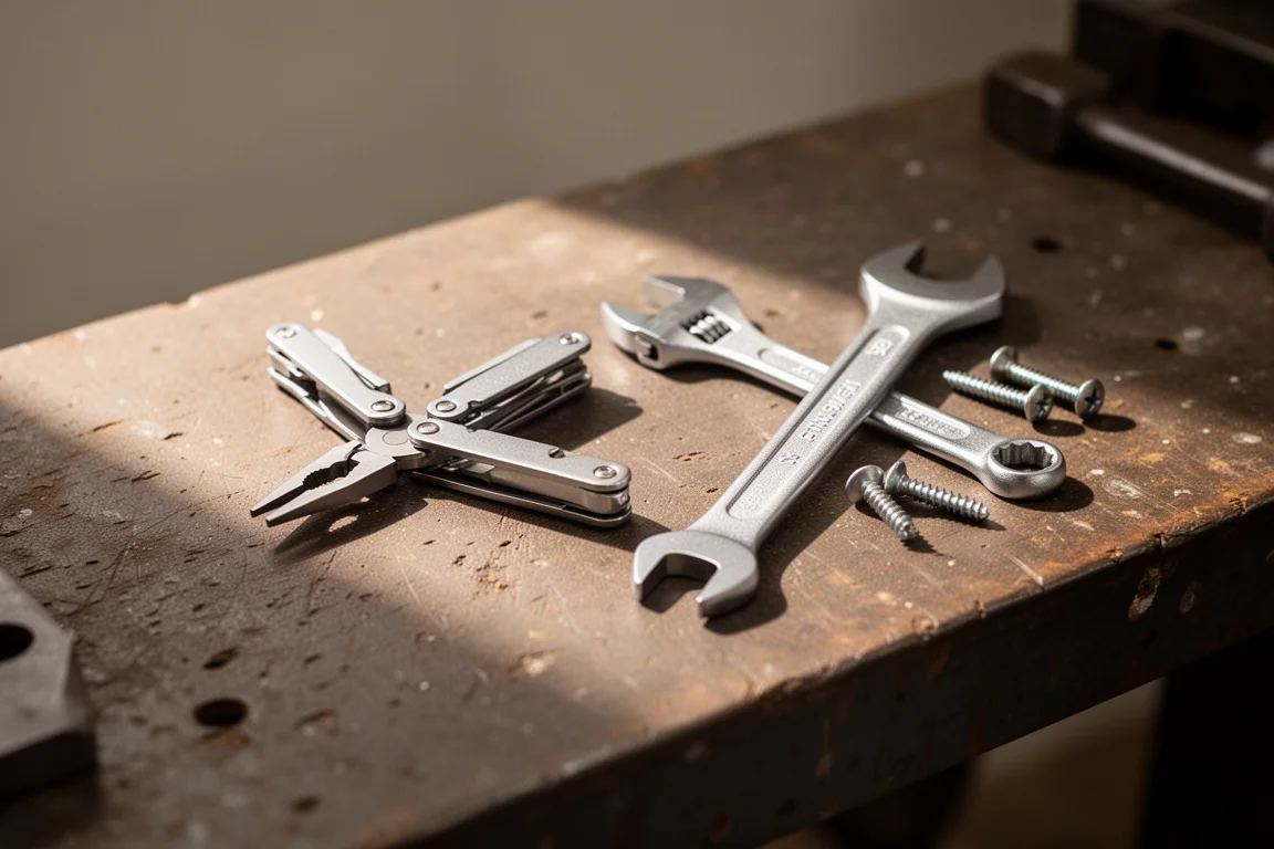 Petites pinces pliantes et une clé compacte posées sur un établi d'atelier
