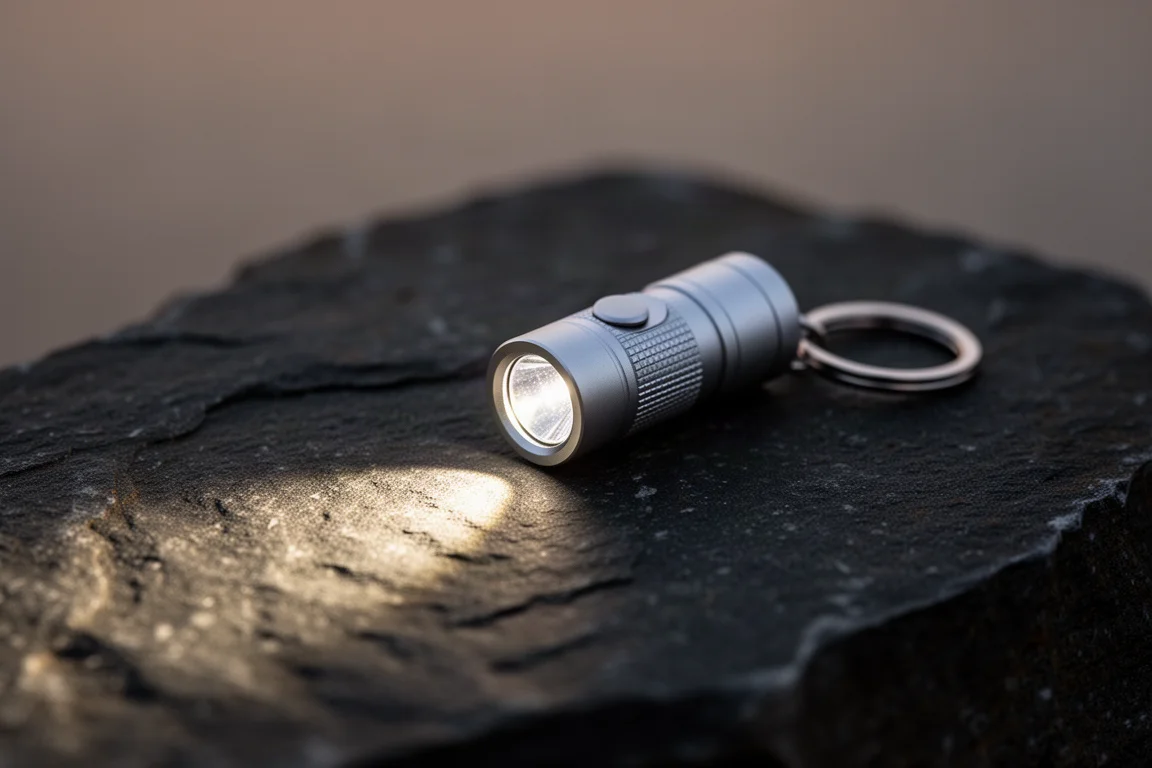 Lampe de poche compacte porte-clés projetant un faisceau sur une surface sombre au crépuscule