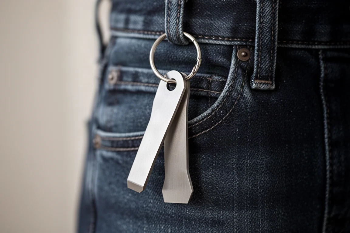 Outil de levier en acier plat et porte-clés accrochés à une passante de ceinture