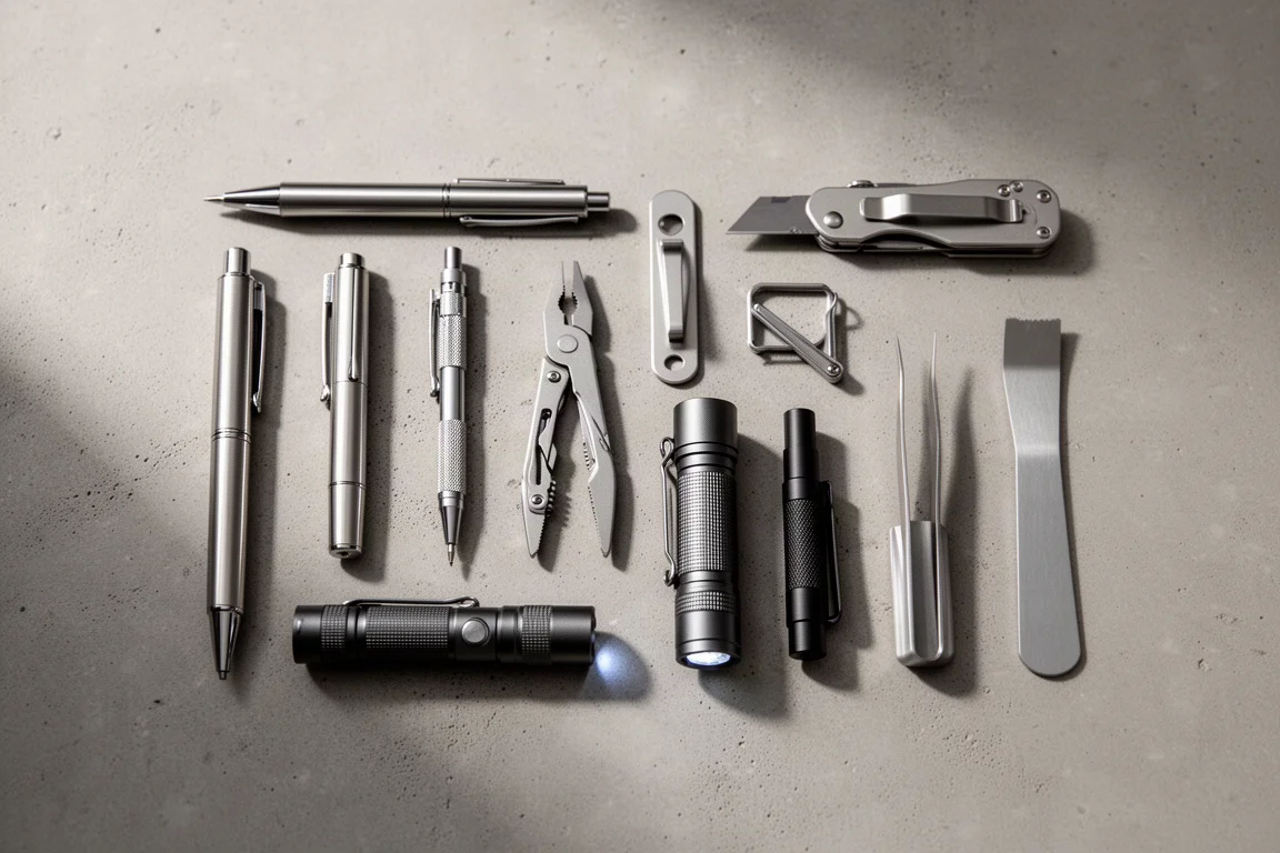 Composizione flat-lay di dieci piccoli oggetti da everyday carry tra cui penne, attrezzi, una torcia e pinzette su cemento