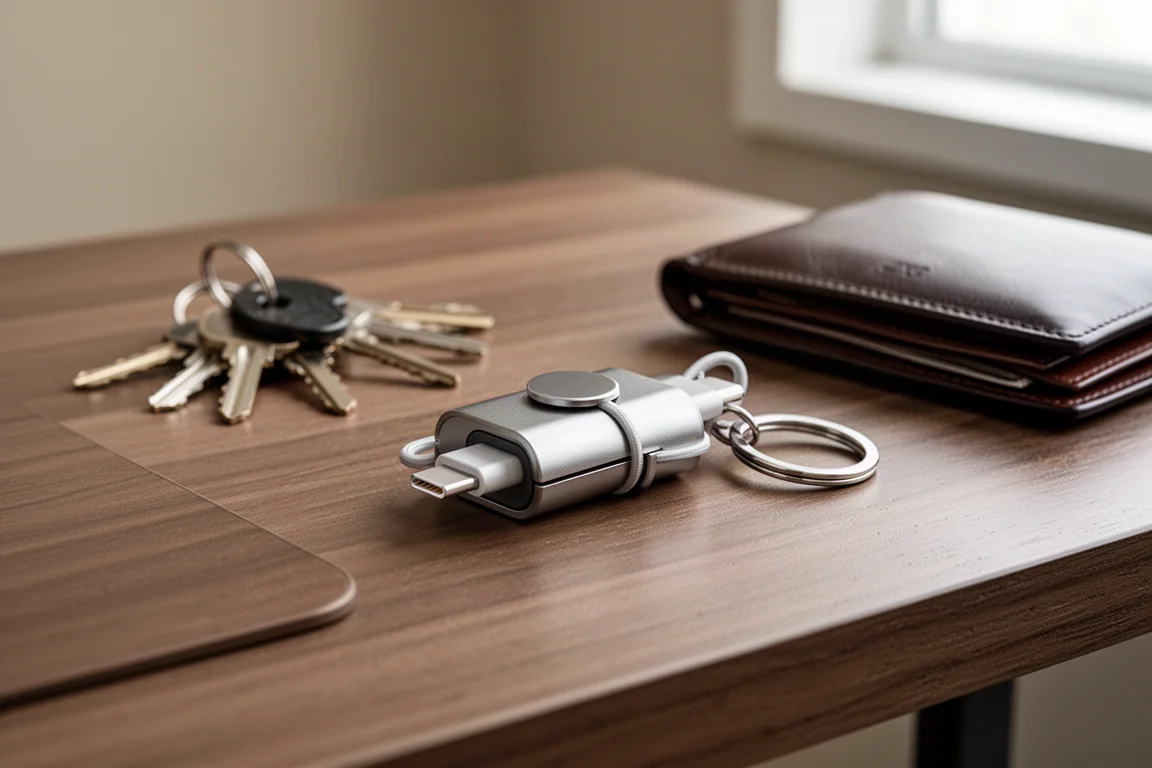 Kompaktes Multi-Connector-Ladekabel, auf dem Schlüsselbund aufgewickelt, neben alltäglichen Hosentaschen-Items