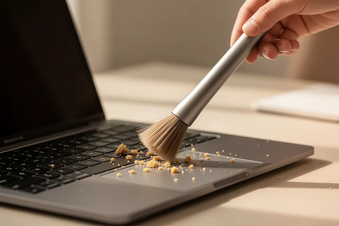 Ausziehbare weiche Bürste, mit der Krümel von einer Laptop-Tastatur gefegt werden
