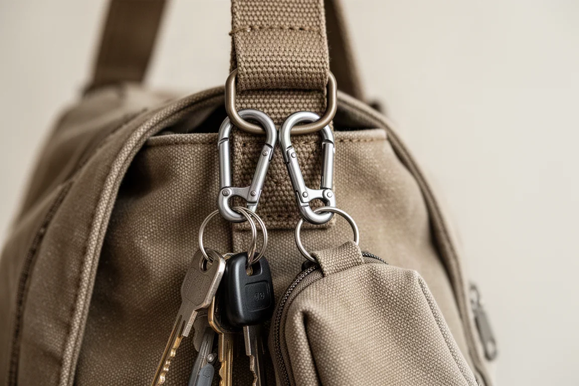 Metallkarabiner, die am Gurt einer Schultertasche eingeklickt sind