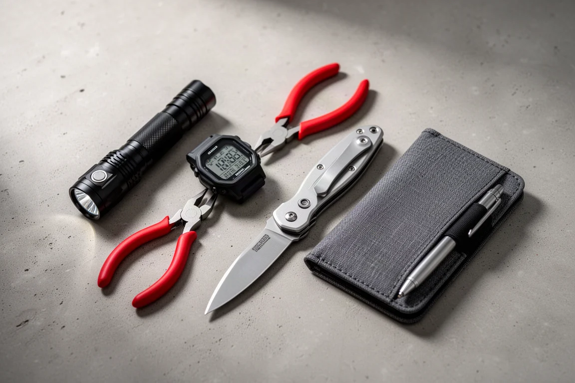 Vista dall'alto di attrezzatura everyday carry con torcia, orologio, pinze, coltello tascabile e portafoglio