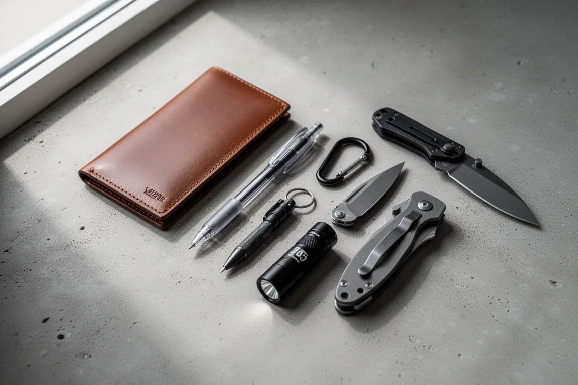 Artículos EDC dispuestos sobre una mesa, incluyendo una cartera, un bolígrafo, una linterna y una navaja de bolsillo