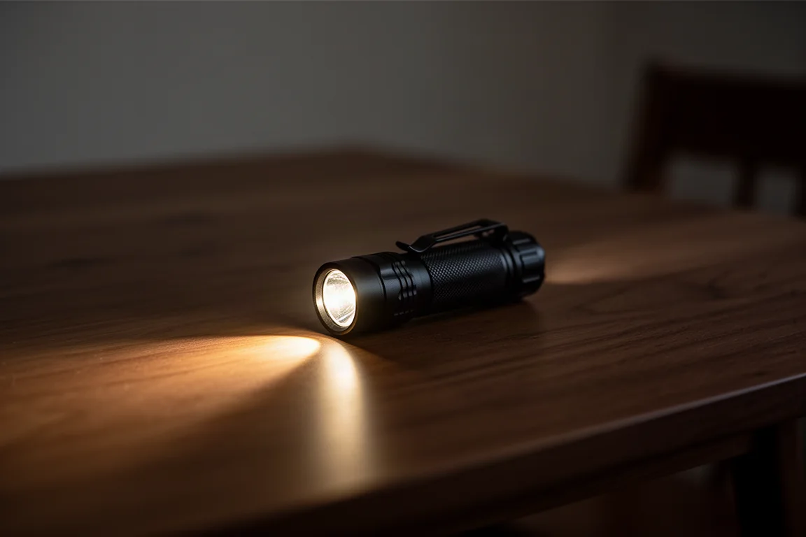 Linterna de bolsillo compacta proyectando un haz cálido de luz sobre una mesa en una habitación oscura