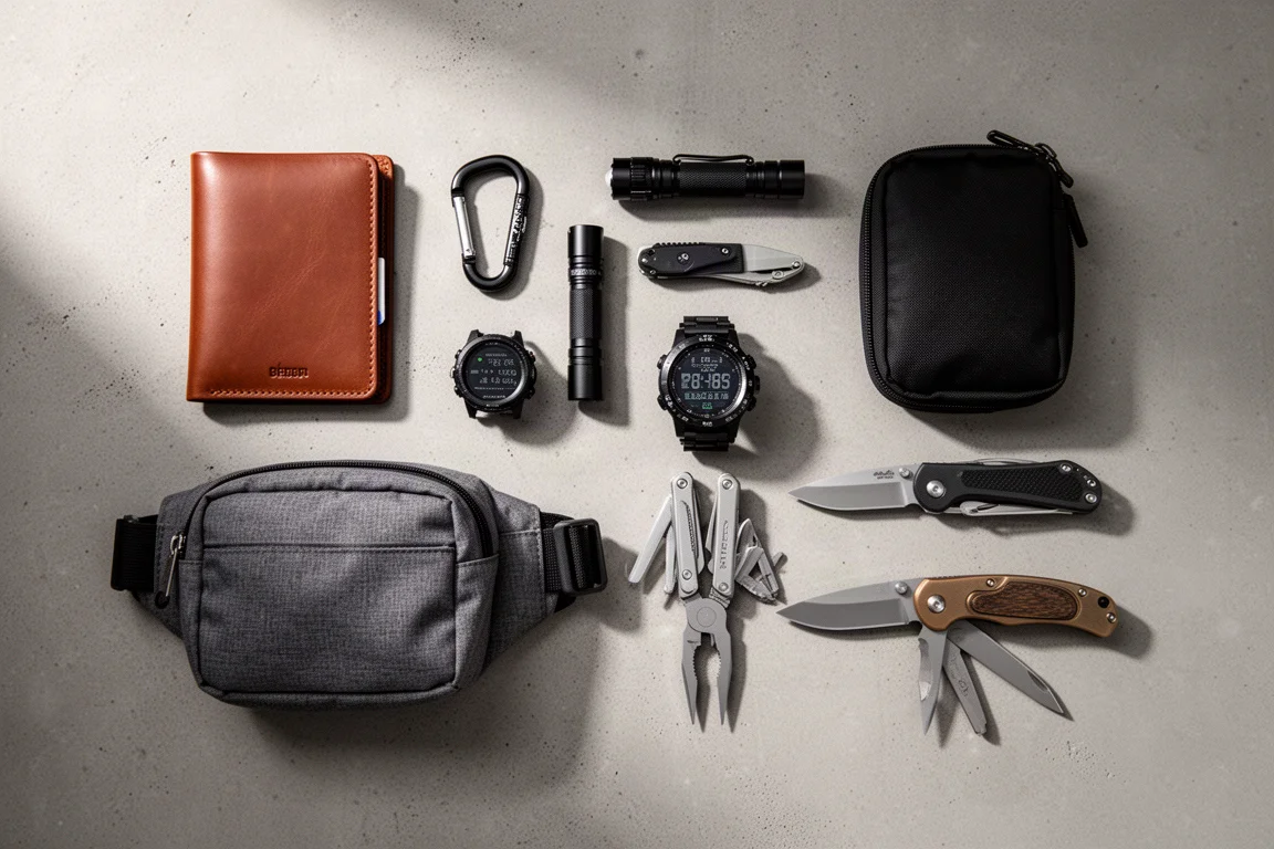 Everyday-Carry-Gegenstände wie eine Brieftasche, ein Karabiner, eine Taschenlampe, eine Uhr, ein Multitool und Messer, auf Beton ausgelegt