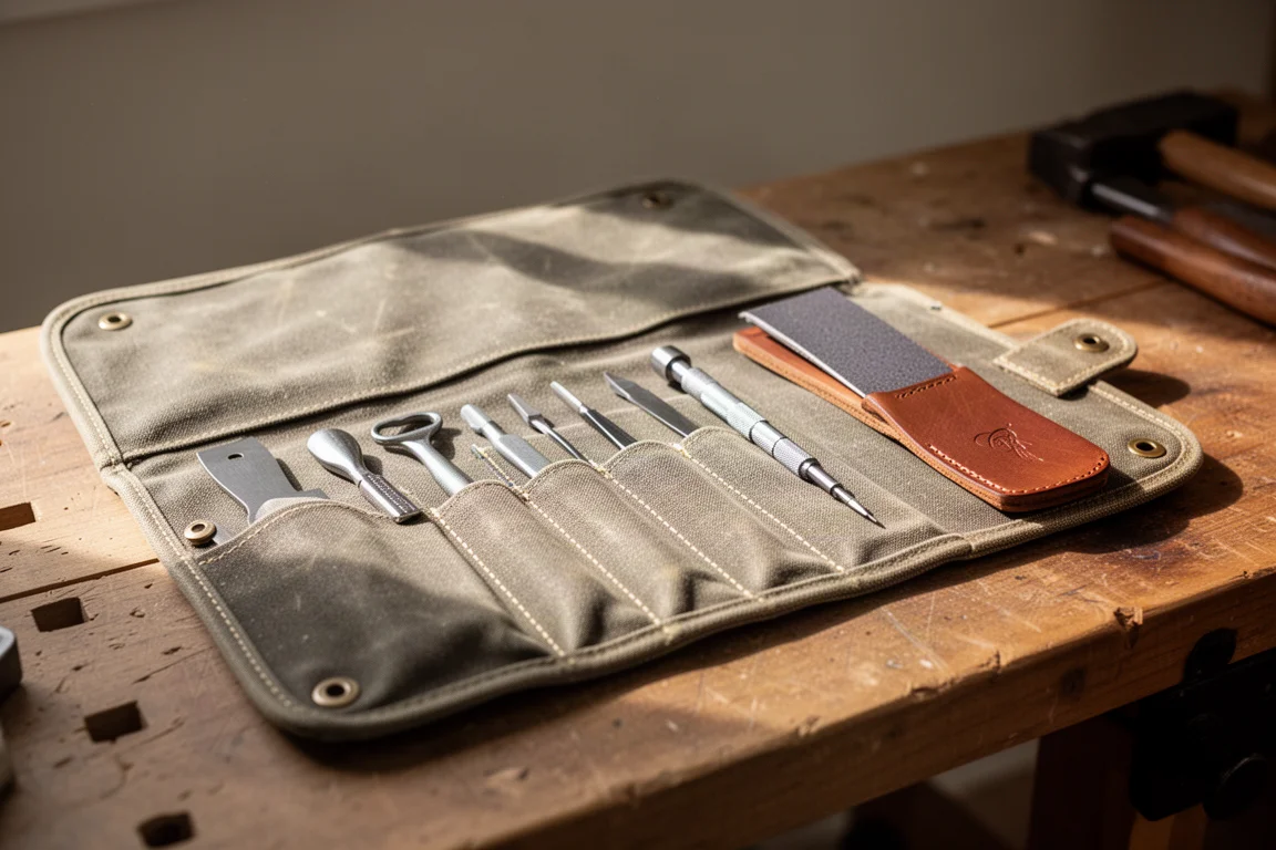 Waxed canvas tool roll unrolled on a workbench showing pocket tools