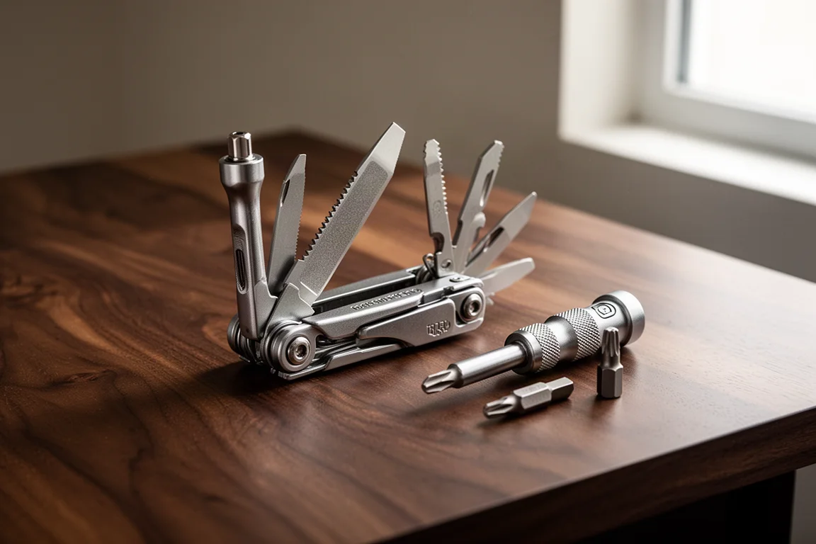 Compact folding multi-tool open on a desk beside a ratchet driver