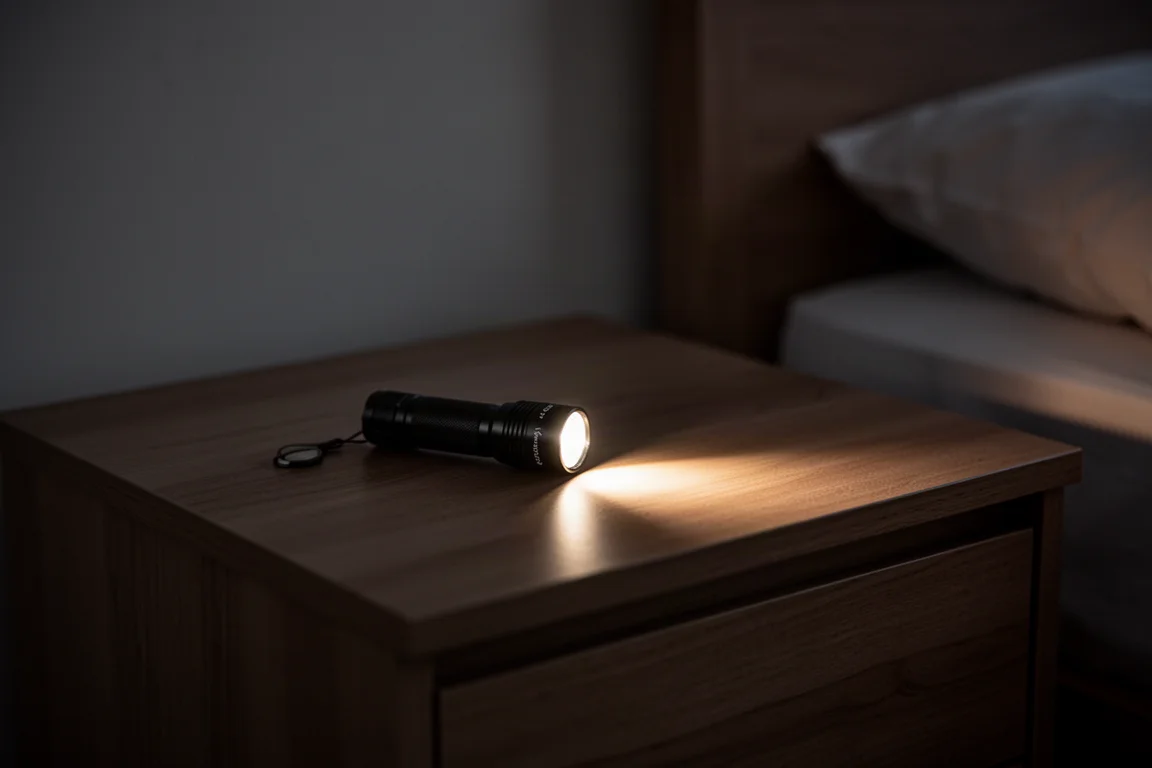 Small EDC flashlight casting a warm beam across a nightstand in low light