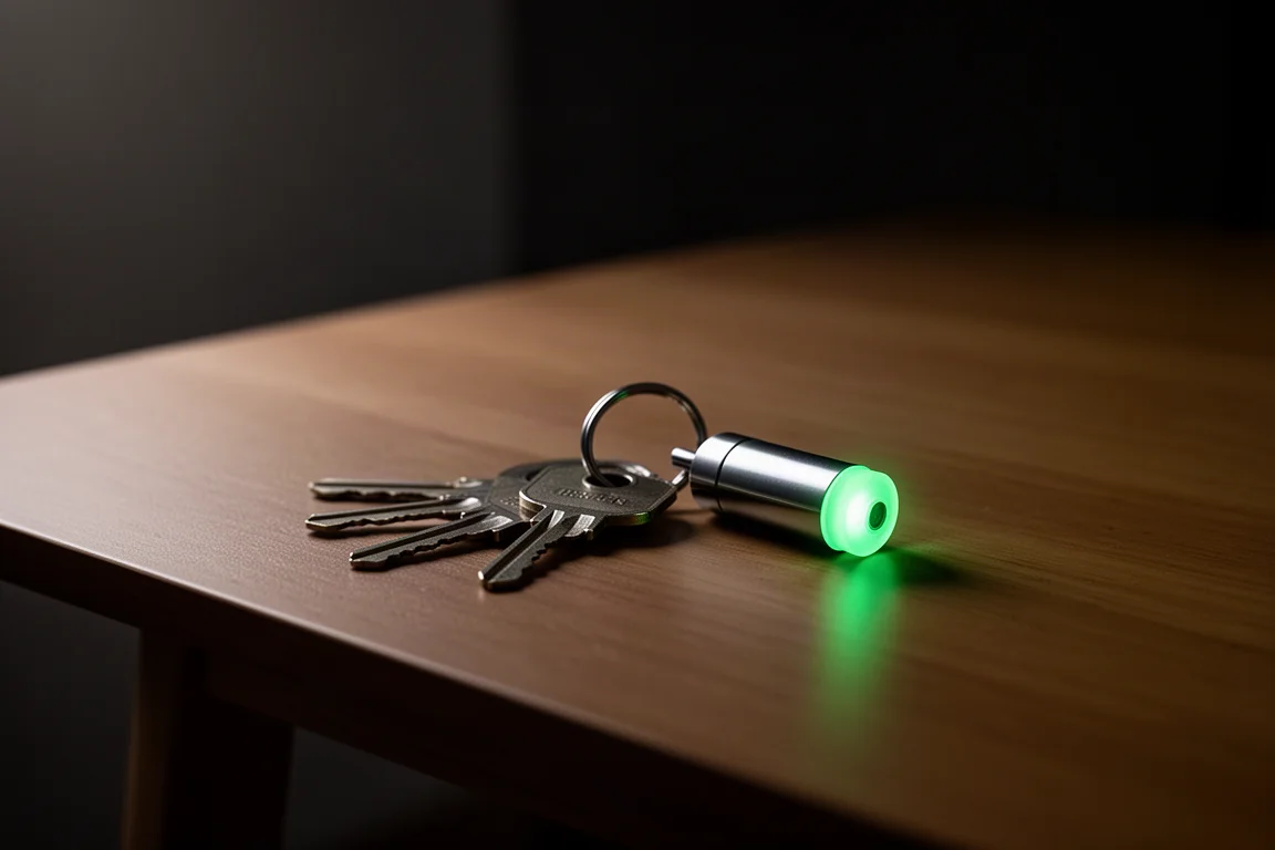 Keys on a wooden table with a small tritium glow fob glowing faintly in the dark