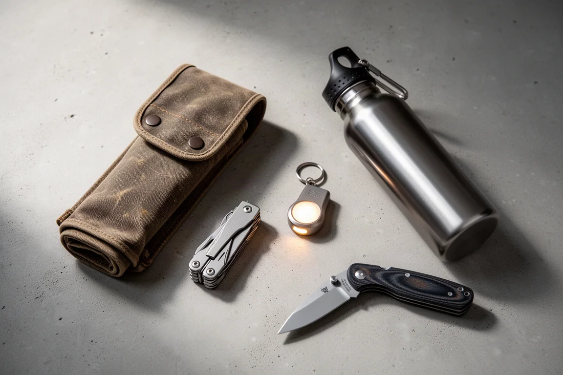 Flat-lay of everyday carry items including a tool roll, multi-tool, glow fob, vacuum bottle, and pocket knife