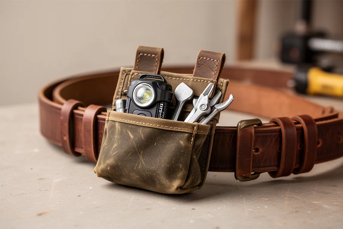 Small fabric belt pouch clipped to a belt holding a compact tool kit