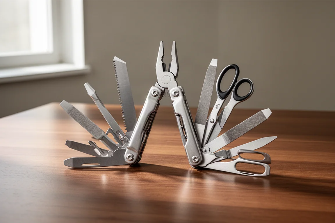 Folding multi-tool opened on a wooden desk showing its tool set