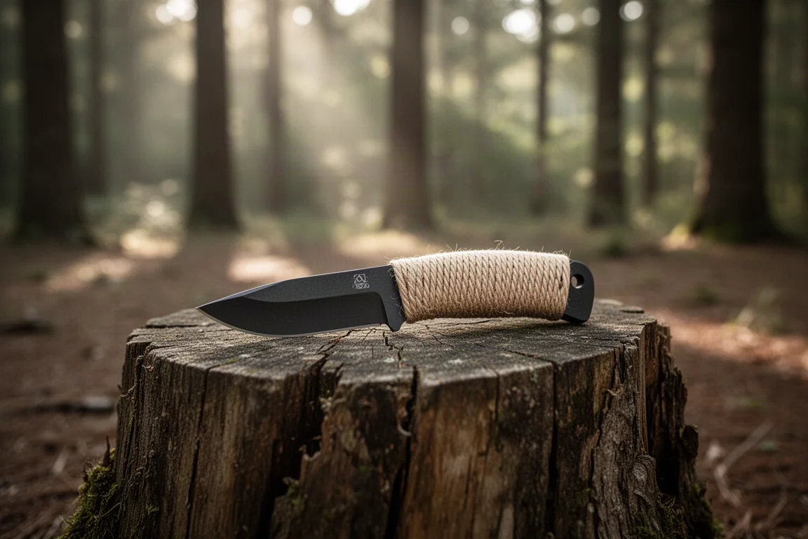 Small fixed blade knife with jute-wrapped handle resting on a stump outdoors