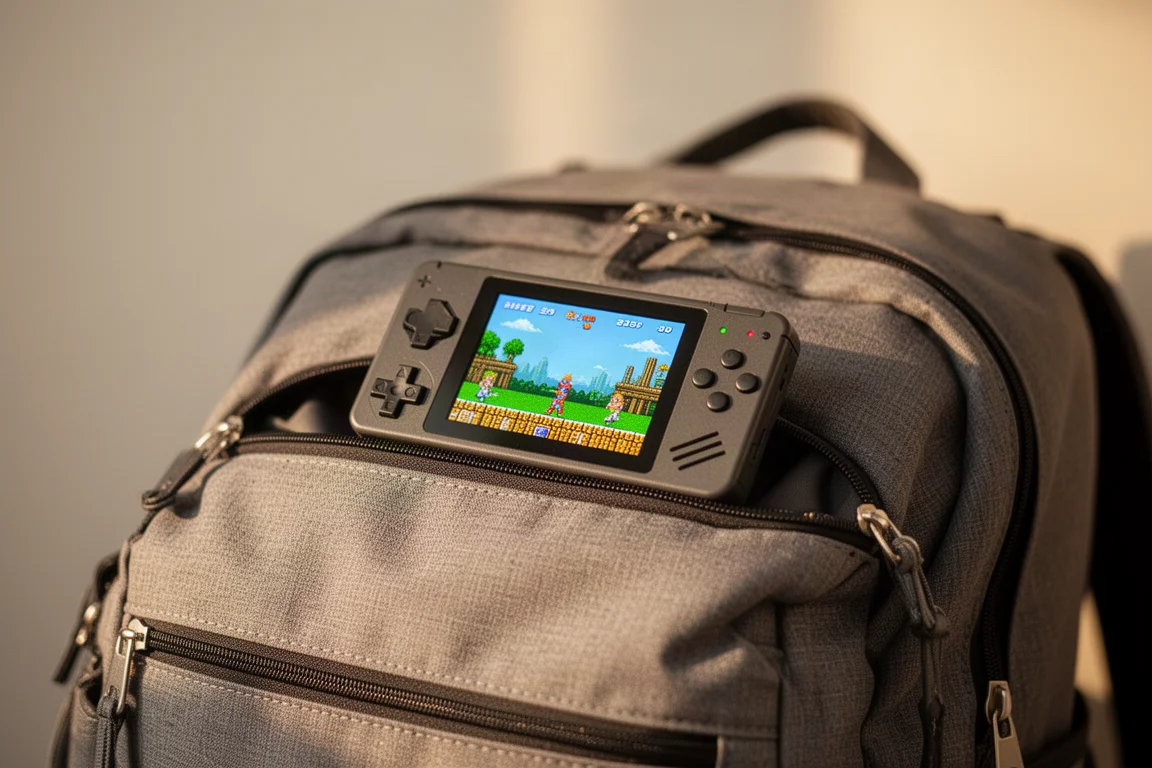 Retro gaming handheld resting on a backpack during a travel break