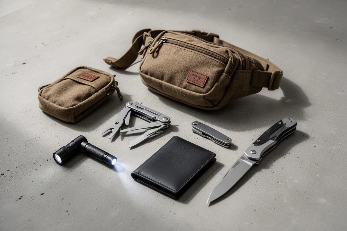 Flat-lay of everyday carry gear including pouch, backpack, multi-tool, flashlight, wallet, and knife