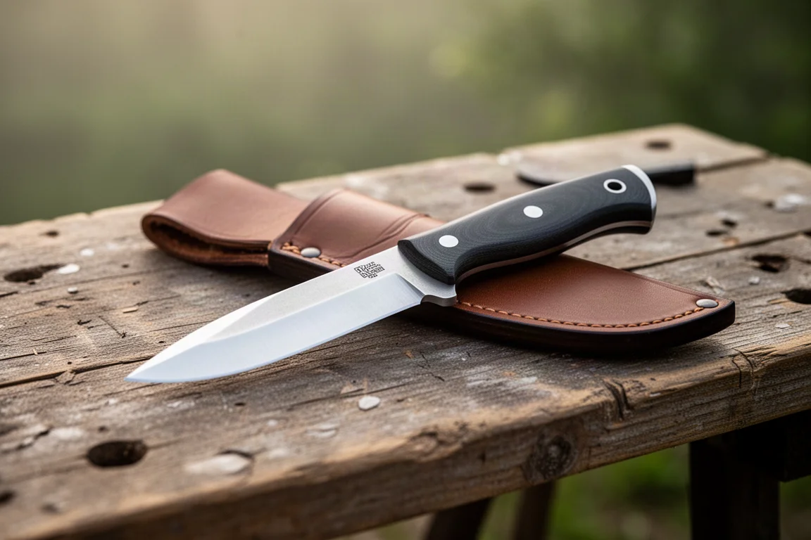 Coltello a lama fissa con fodero in pelle appoggiato su una panca di legno all'aperto