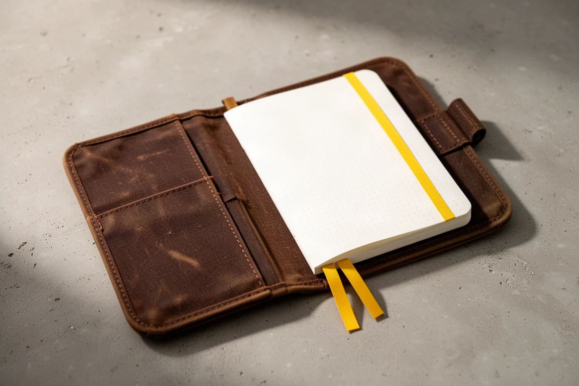 Folio A5 in canvas aperto con taccuino, tasche e segnalibri