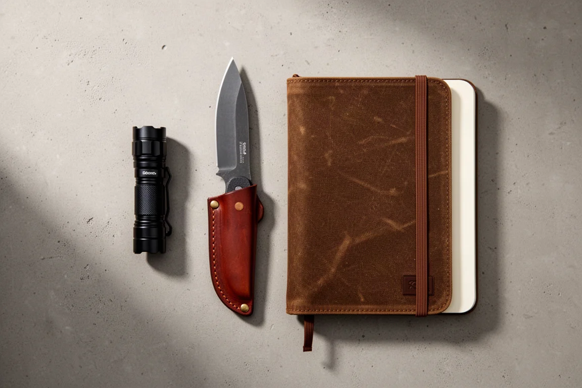 Oggetti da everyday carry disposti insieme su una superficie piana in un flat-lay dall'alto