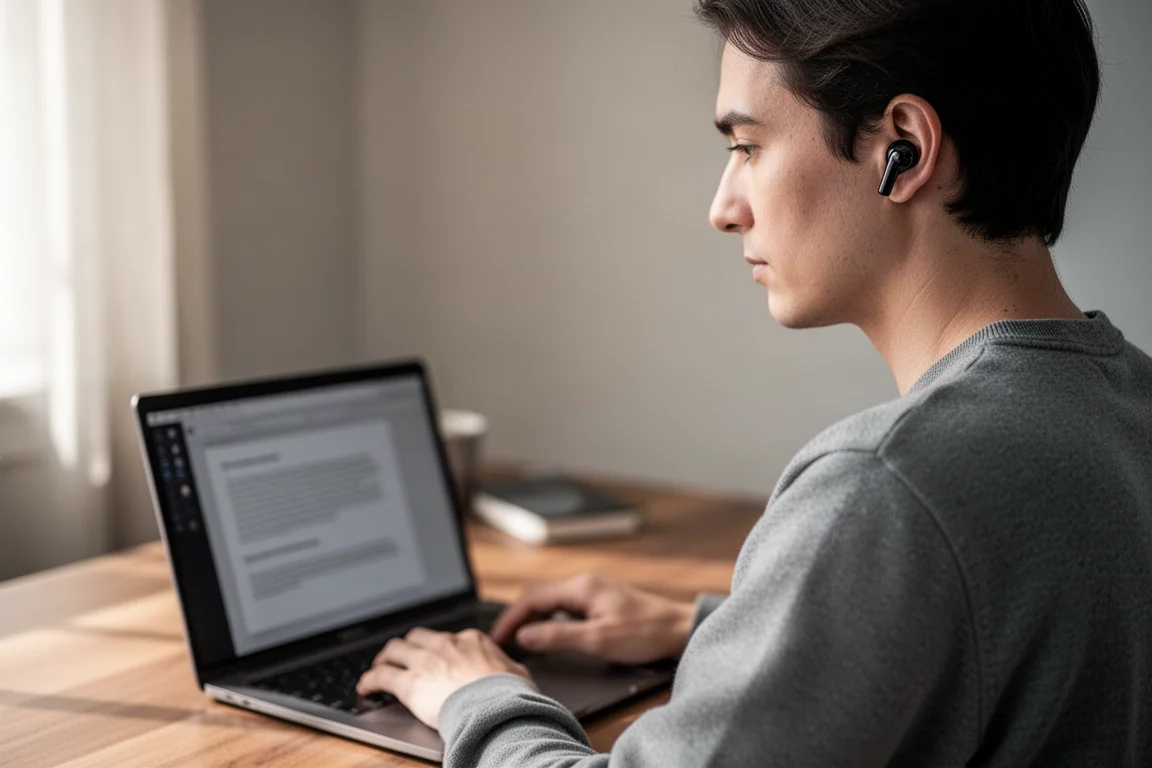 Pessoa usando fones sem fio brilhantes enquanto trabalha em uma mesa organizada