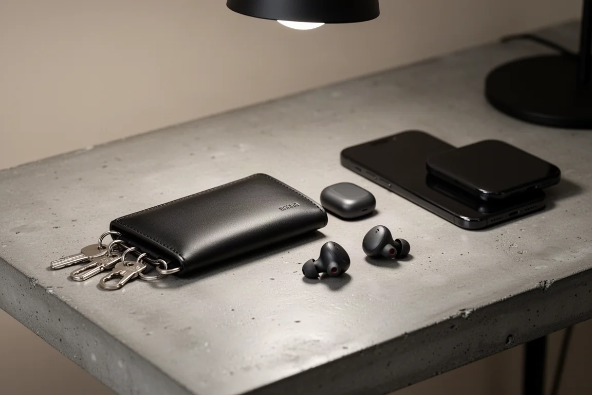 Organizador de chaves fino de couro ao lado de fones e um celular sobre uma mesa