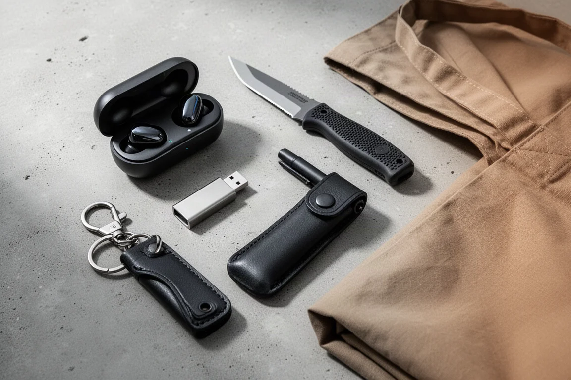 Flat-lay ze sprzętem everyday carry: słuchawki, długopis, nożyk użytkowy i organizer na klucze na betonie
