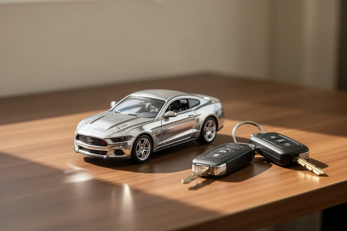 Kompaktes Spielzeugauto im Die-Cast-Stil mit sichtbarem Flammeneffekt auf einem Schreibtisch