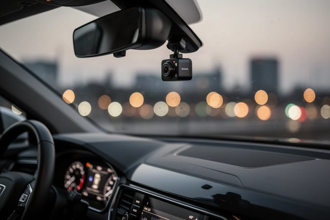 Dashcam an einer Windschutzscheibe in der Abenddämmerung montiert