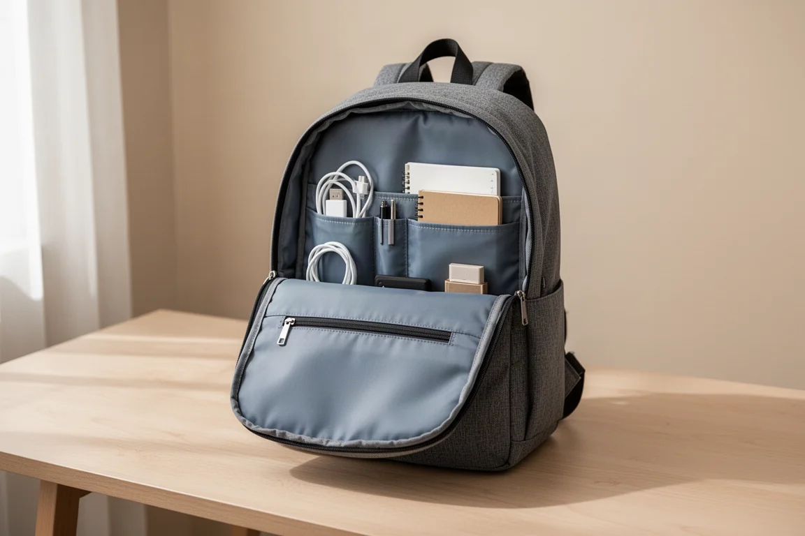Auf einem Schreibtisch offener Rucksack mit aufgeräumten Innenfächern