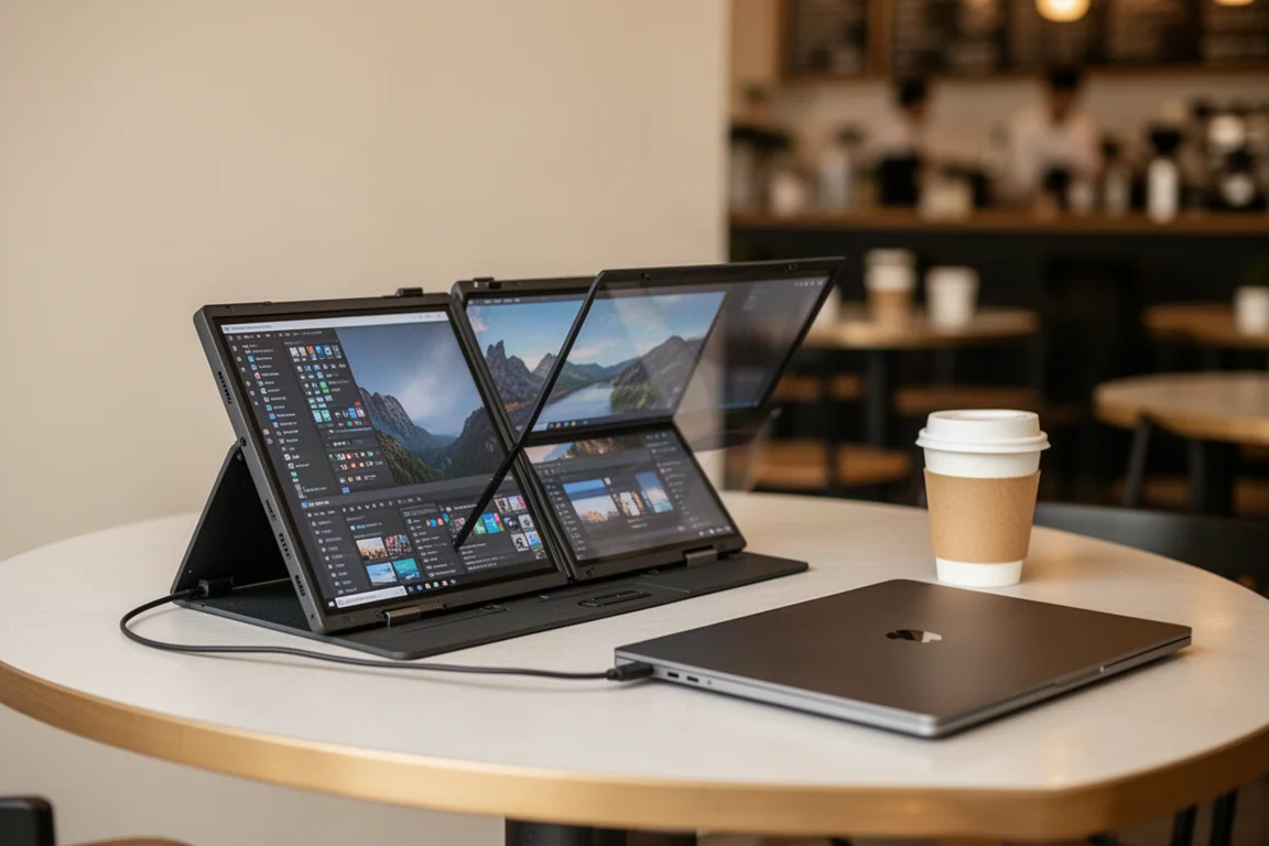 Tragbares Dual-Monitor-Setup auf einem Café-Tisch