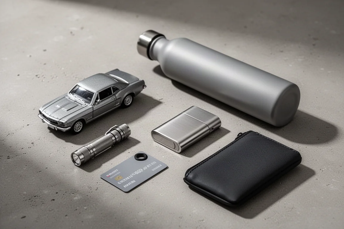 Flat lay of everyday carry gear including a toy car, flashlight, tracker card, and tech pouch on concrete