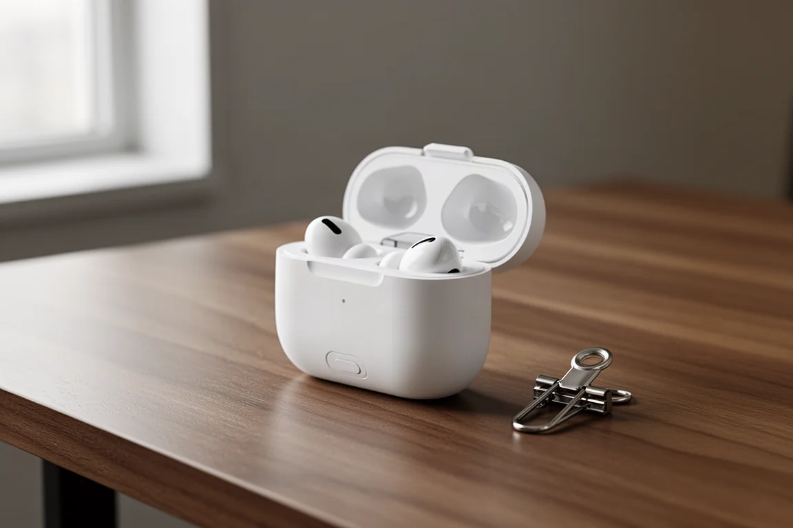 Kleine Hülle im AirPods-Stil mit Kippverschluss-Deckel auf einem Holzschreibtisch