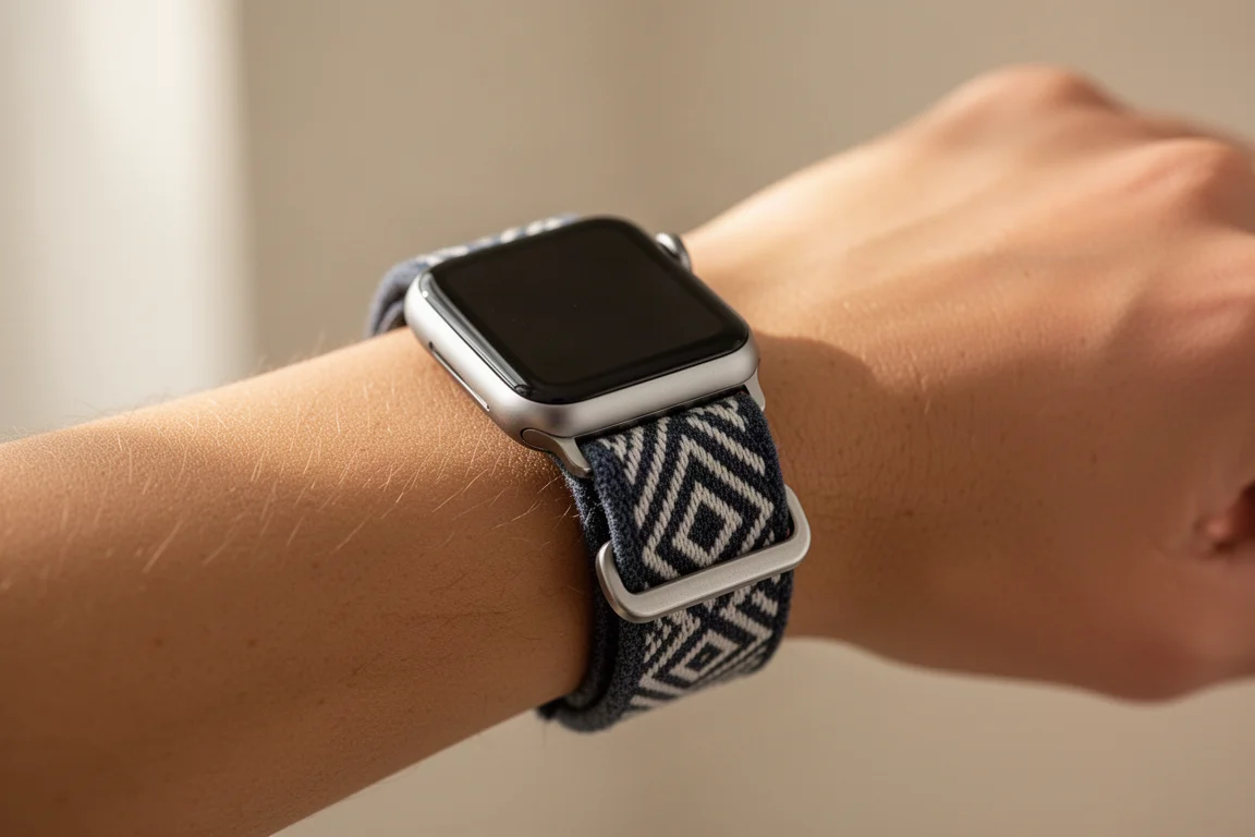 Smartwatch mit Stoffarmband und Metallschließe am Handgelenk