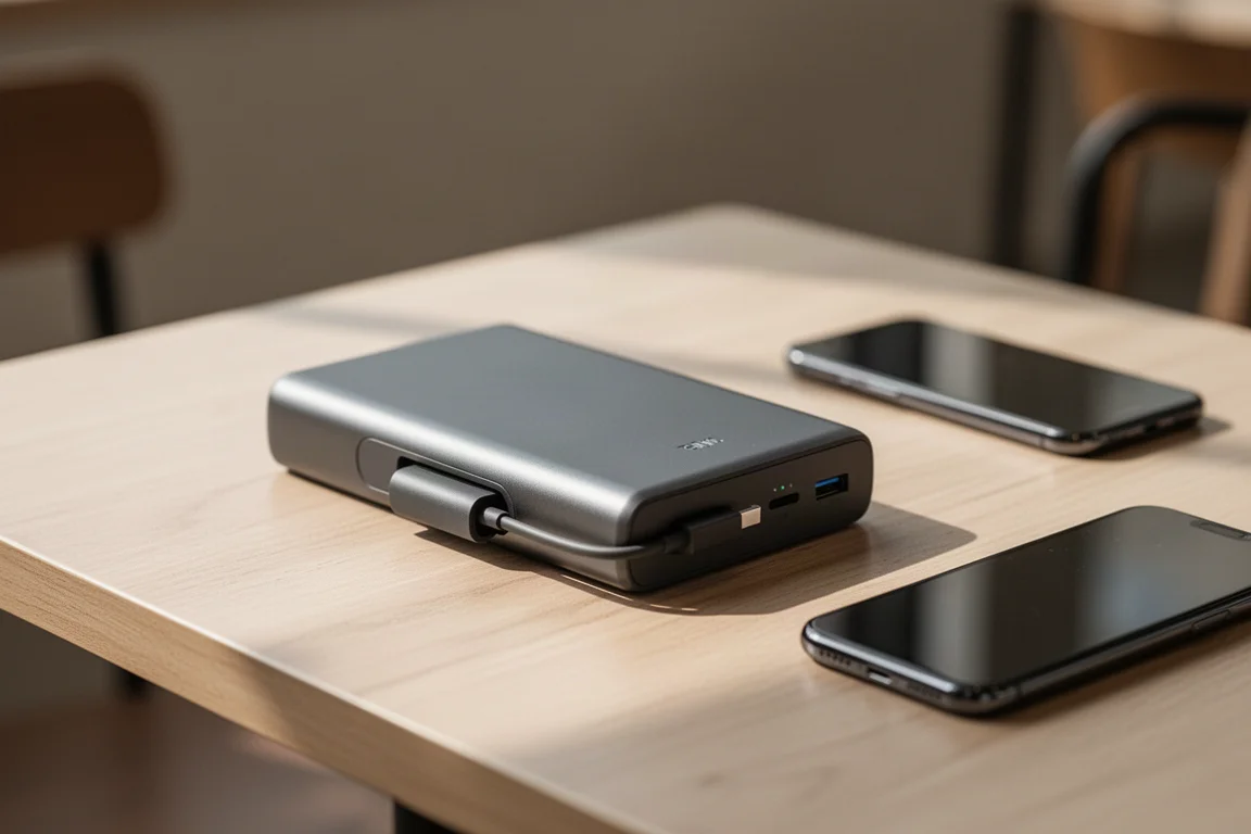 Tragbare Powerbank mit integriertem, aufgerolltem Kabel auf einem Café-Tisch