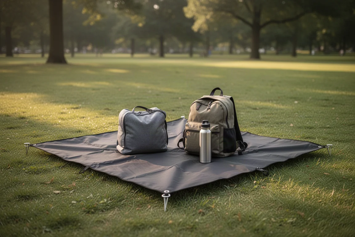 Leichte Nylon-Picknickdecke, mit Heringen auf einer Hügellandwiese befestigt