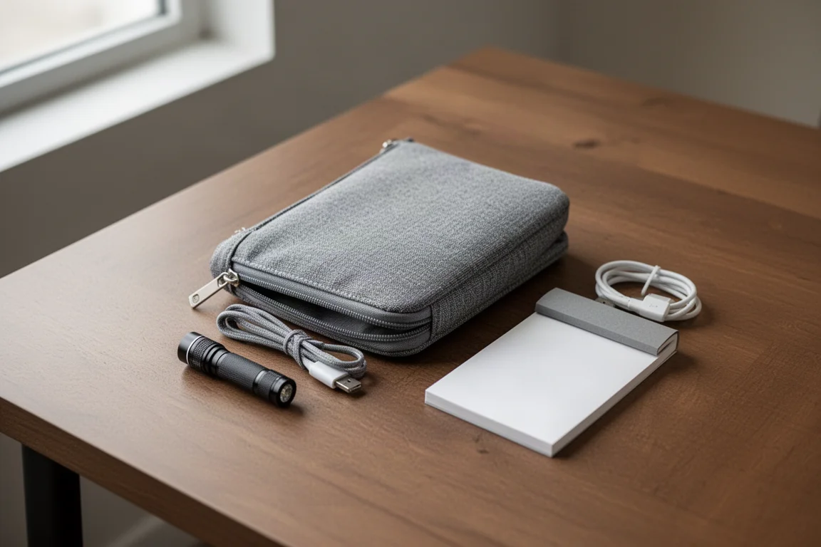 Pochette zippée grise ouverte avec des objets EDC compacts disposés à côté sur un bureau