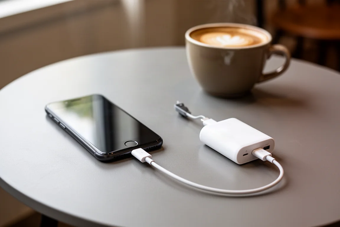 Smartphone et petite batterie externe sur une table de café avec un câble de charge branché