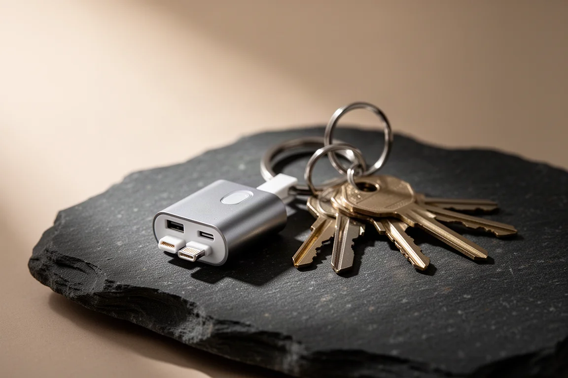 Minuscule batterie externe de la taille d'un porte-clés à côté d'un trousseau de clés sur une pierre sombre