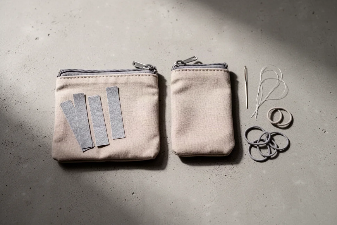 Vue aérienne de petits organisateurs EDC et de fournitures de réparation sur une surface en béton