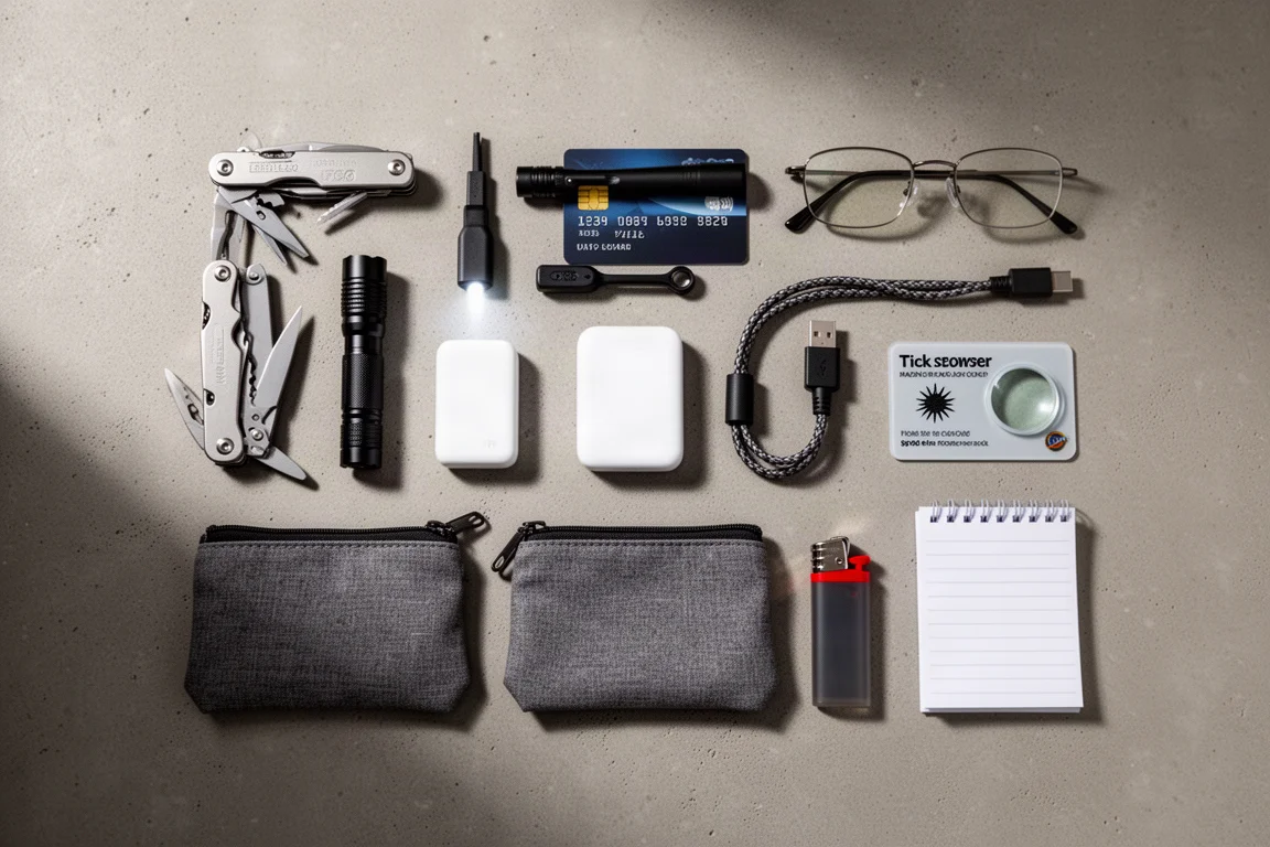 Flat-lay di dieci oggetti compatti da everyday carry su una superficie di cemento