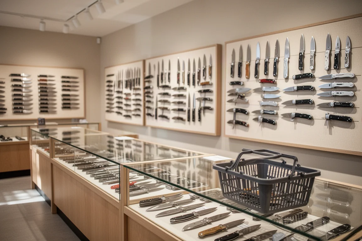 Wandvitrine mit Taschenmessern in einem großen Messer-Fachgeschäft