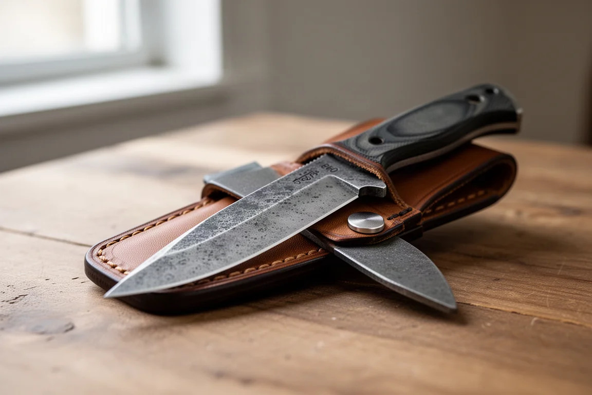 Feststehendes Messer gleitet in eine magnetische Ledertaschenscheide