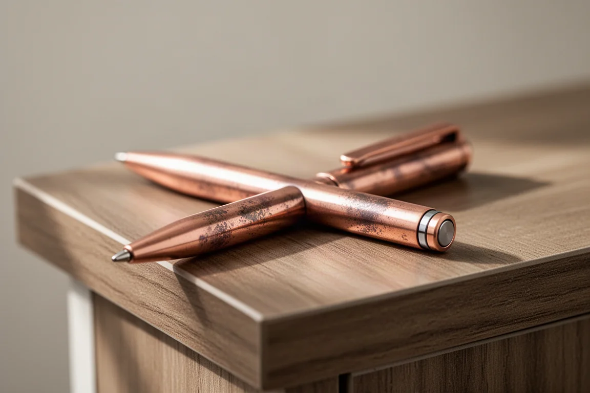 Kupferner Stift mit magnetischem Deckel auf einer Holztheke