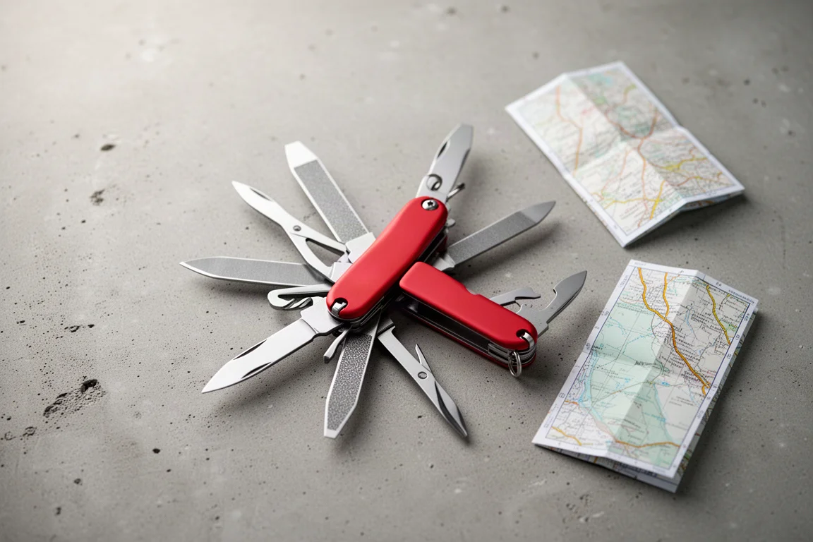 Rotes Mehrzweckwerkzeug im Schweizer-Taschenmesser-Stil mit ausgeklappten Werkzeugen auf einem Tisch