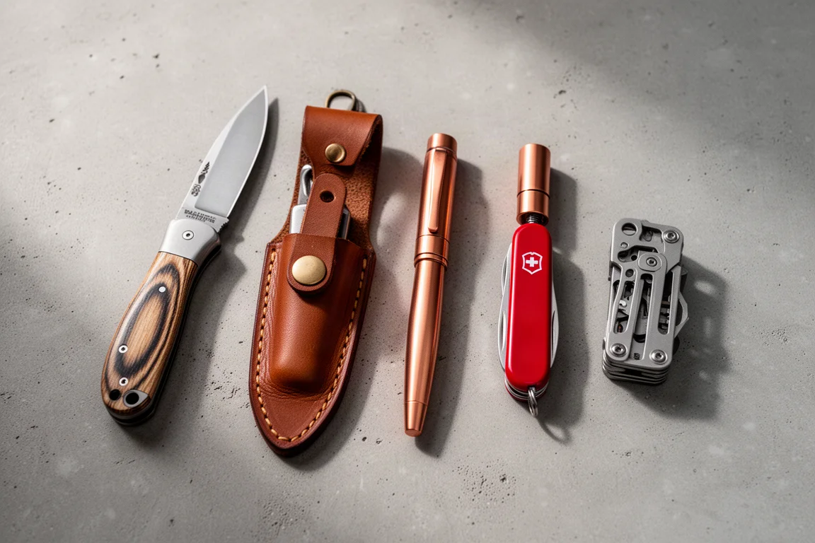 Flat-lay of five EDC items including a folder, fixed blade, copper pen, red multi-tool, and compact gadget