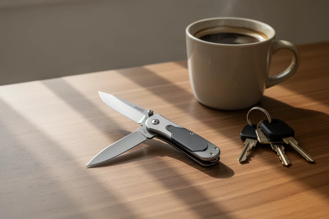 A small folding knife resting open on a wooden desk in soft window light
