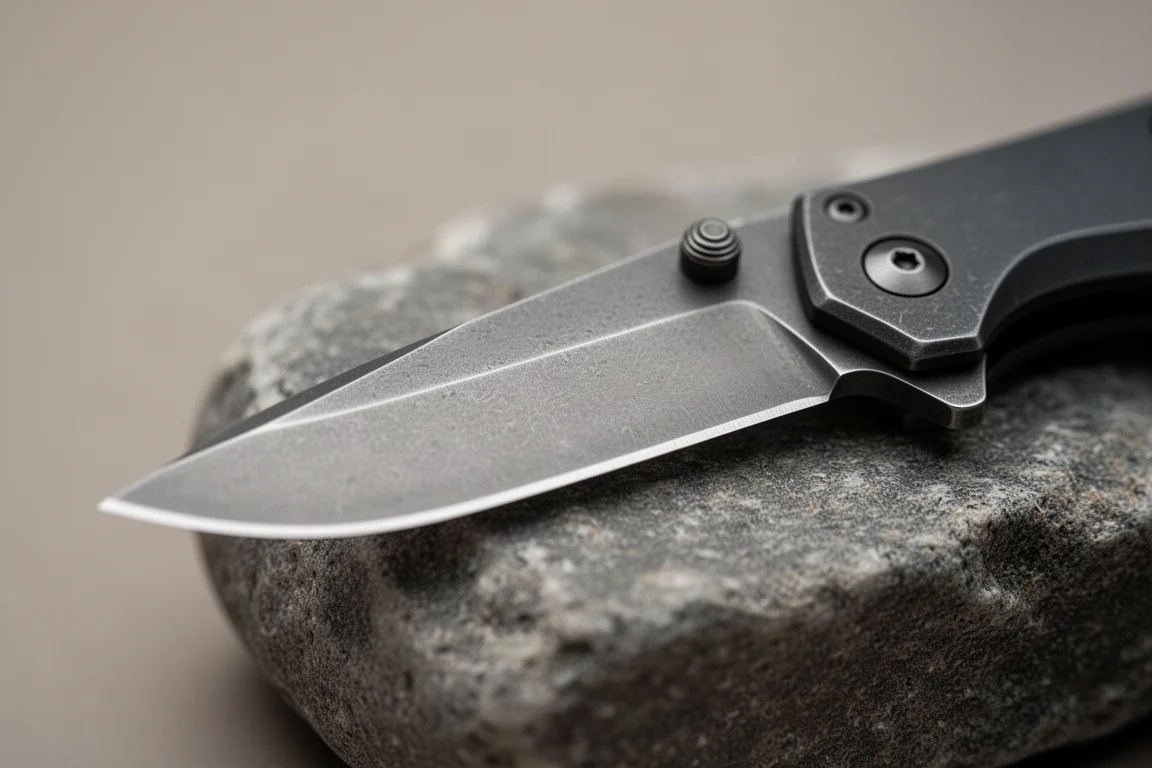 Folding knife blade edge catching light in a macro detail shot
